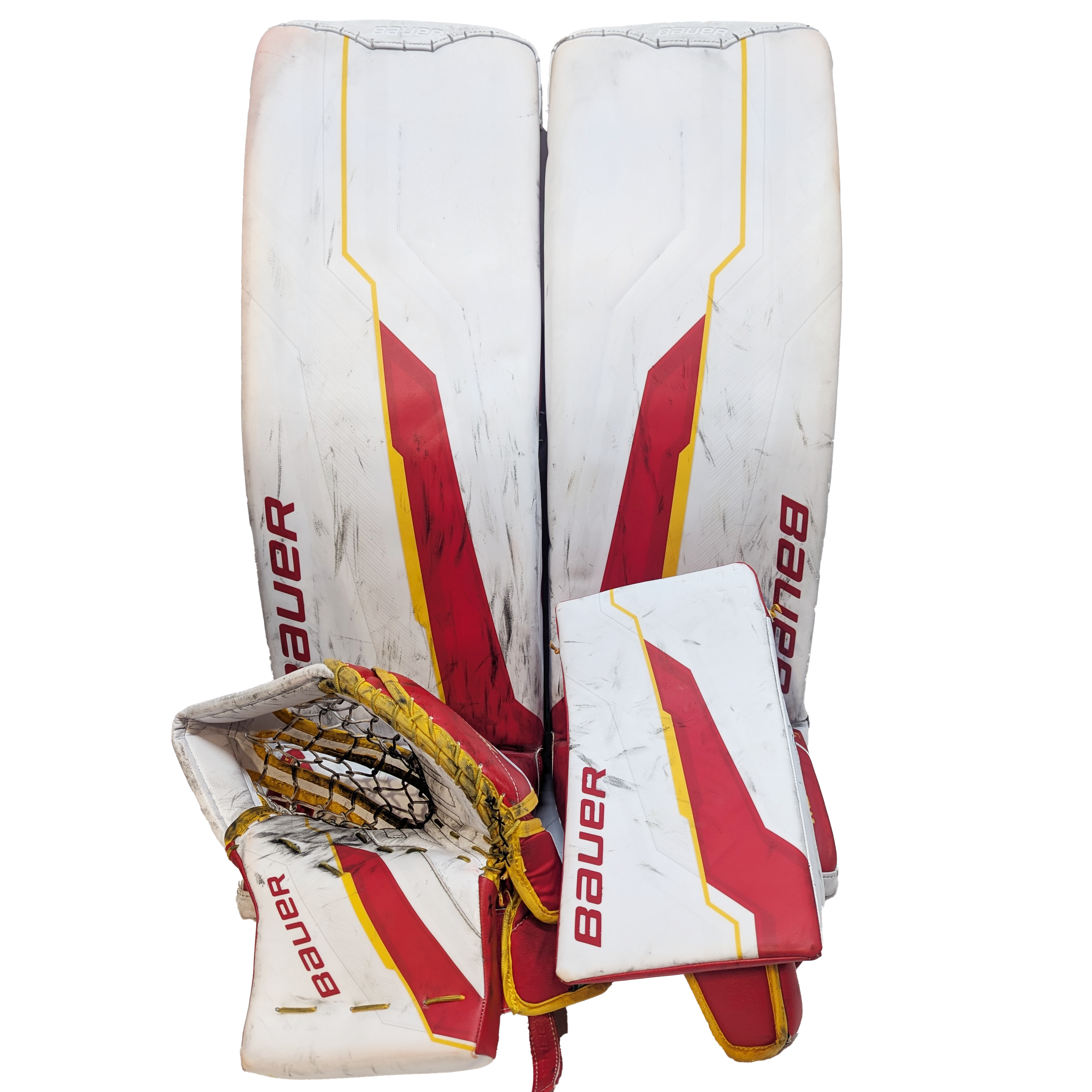 Bauer Supreme Shadow - Ensemble complet de gardien de but AHL Pro Stock d'occasion (blanc/rouge/jaune)